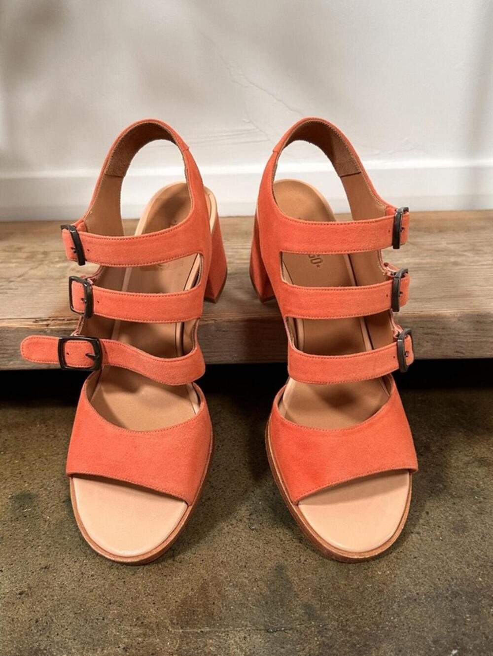 Anthropologie Emma Go Copenhagen Orange‎ Peach Suede Strappy Heels Size 39